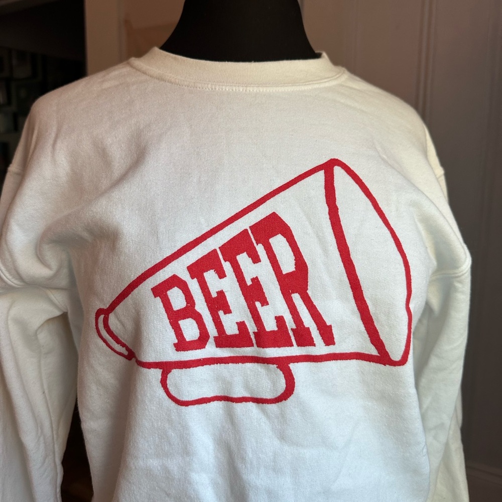 White and red crewneck sweater with large BEER megaphone across the front.
